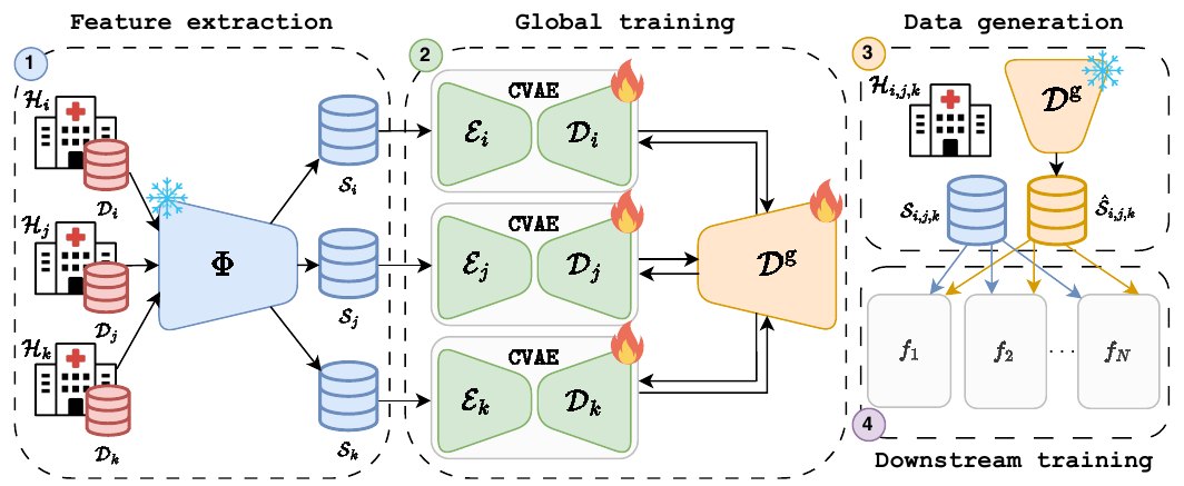 Federated data sharing: hospitals encode images with a foundation model, jointly train a differentially private generative model, and generate synthetic embeddings for downstream tasks